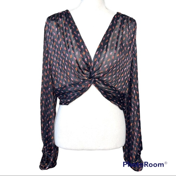 Zara Crop Twist Top Paisley Long Sleeve black red medium - Picture 2 of 6
